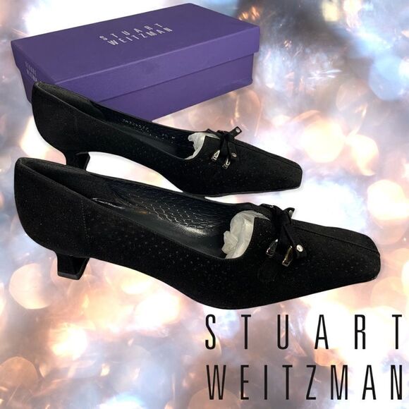 STUART WEITZMAN Black Suede Perforated Tie Bow Linsperf Heels - Picture 3 of 8